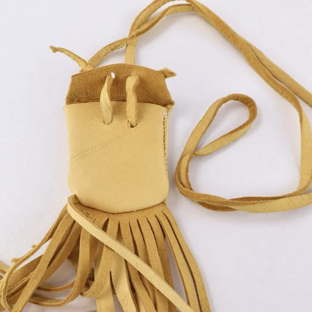 Handmade Buckskin Leather Medicine Bag Necklace Fringed Pouch Tan Leather 19